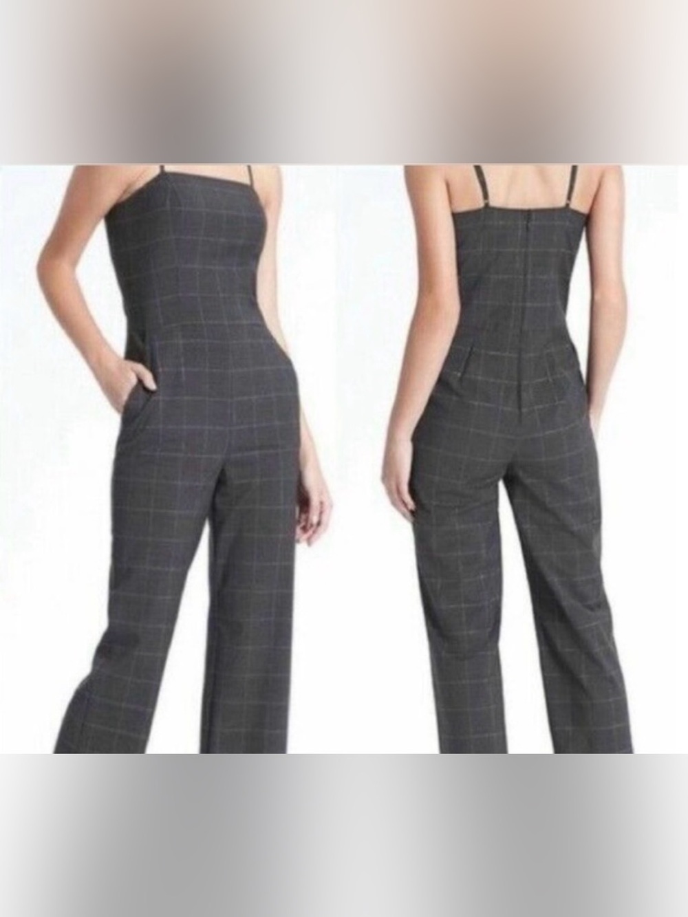 Banana Republic Shiny Plaid Strappy Jumpsuit Sz 4 Pockets Wool adjustable straps - Picture 3 of 10